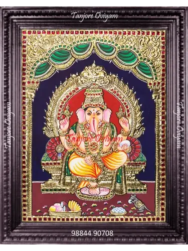 Handmade Lord Ganesha Tanjore painting with modak offerings gold foil pooja style traditional artwork